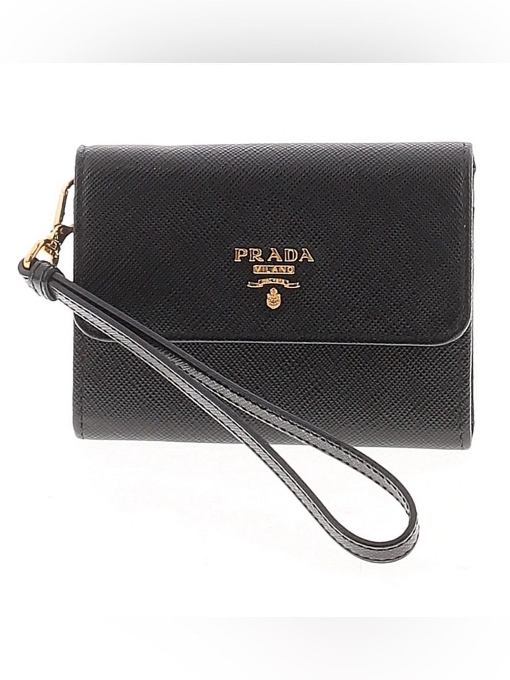 Prada Saffiano Leather Wristlet Wallet – Black / Gold Hardware (1MC442)